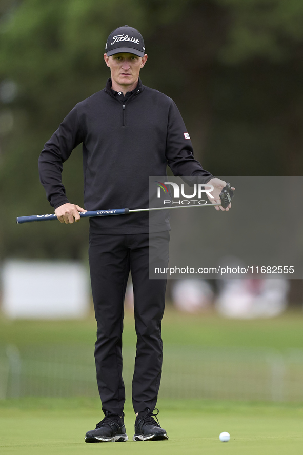 Marcus Kinhult of Sweden reacts on the 1st green on the third day of the Estrella Damm N.A. Andalucia Masters 2024 at Real Club de Golf Soto...