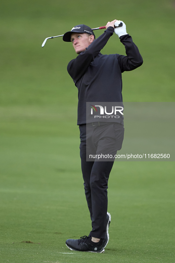 Marcus Kinhult of Sweden plays his second shot on the 1st hole on the third day of the Estrella Damm N.A. Andalucia Masters 2024 at Real Clu...