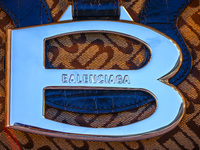 Balenciaga logo is seen on a handbag in Krakow, Poland on October 19th, 2024. (