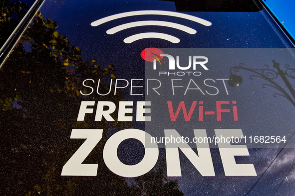  Free Wi-Fi Zone sign is seen in Krakow, Poland on October 19th, 2024. 