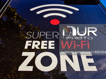  Free Wi-Fi Zone sign is seen in Krakow, Poland on October 19th, 2024. (