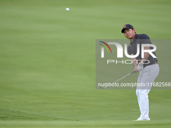 Ashun Wu of China approaches his ball on the 1st green on the third day of the Estrella Damm N.A. Andalucia Masters 2024 at Real Club de Gol...