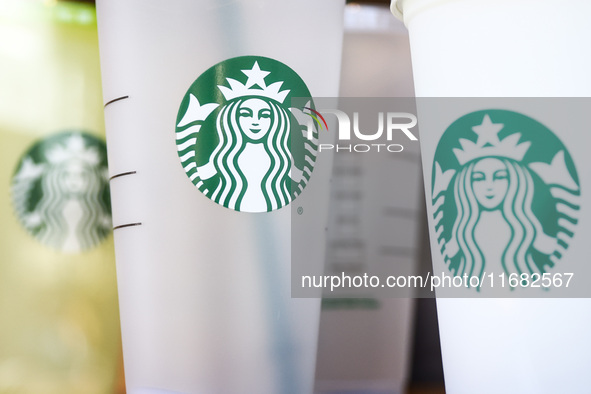 Starbucks Coffee logo is seen on plastic cups in Krakow, Poland on October 19th, 2024. 