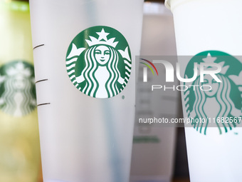 Starbucks Coffee logo is seen on plastic cups in Krakow, Poland on October 19th, 2024. (