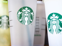 Starbucks Coffee logo is seen on plastic cups in Krakow, Poland on October 19th, 2024. (