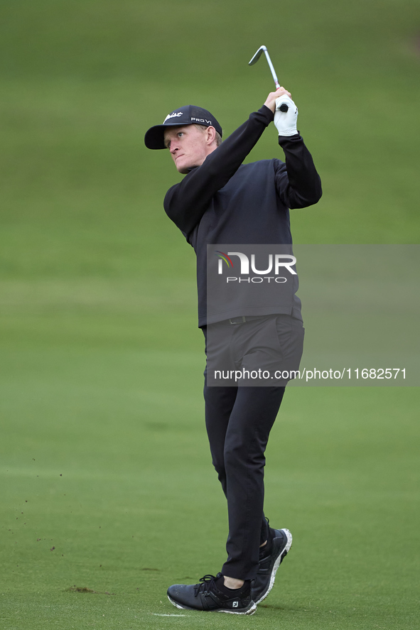 Marcus Kinhult of Sweden plays his second shot on the 1st hole on the third day of the Estrella Damm N.A. Andalucia Masters 2024 at Real Clu...