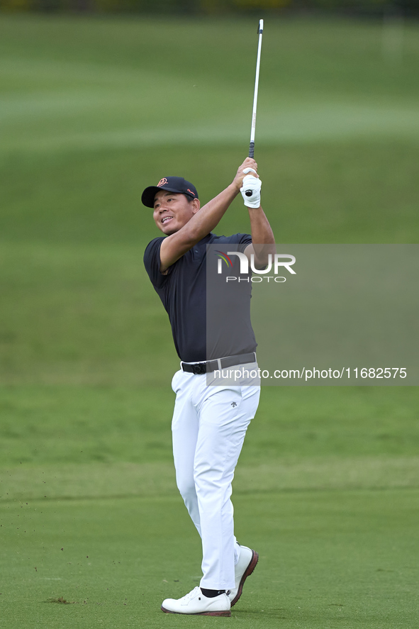 Ashun Wu of China plays his second shot on the 1st hole on the third day of the Estrella Damm N.A. Andalucia Masters 2024 at Real Club de Go...