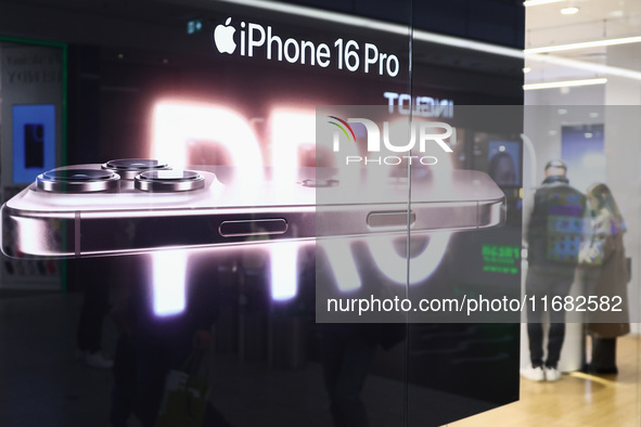  IPhone 16 Pro ad is seen at iSpot store in a shopping mall in Krakow, Poland on October 19th, 2024. 