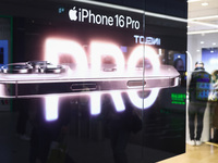  IPhone 16 Pro ad is seen at iSpot store in a shopping mall in Krakow, Poland on October 19th, 2024. (