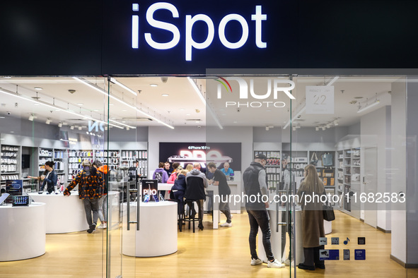  IPhone 16 Pro ad is seen at iSpot store in a shopping mall in Krakow, Poland on October 19th, 2024. 