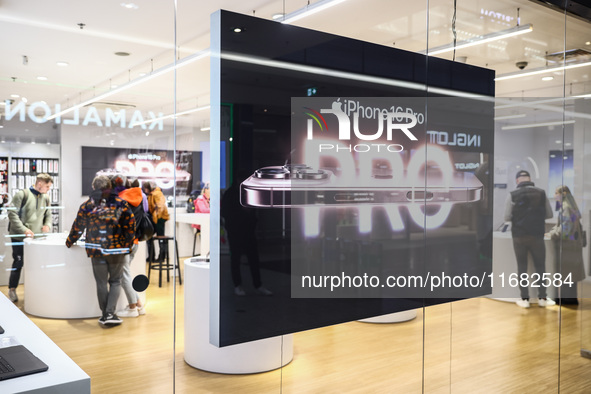  IPhone 16 Pro ad is seen at iSpot store in a shopping mall in Krakow, Poland on October 19th, 2024. 