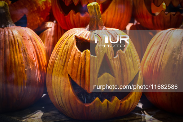  Halloween pumpkin decorations are seen at a store in Krakow, Poland on October 19th, 2024. 