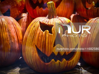  Halloween pumpkin decorations are seen at a store in Krakow, Poland on October 19th, 2024. (