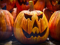  Halloween pumpkin decorations are seen at a store in Krakow, Poland on October 19th, 2024. (