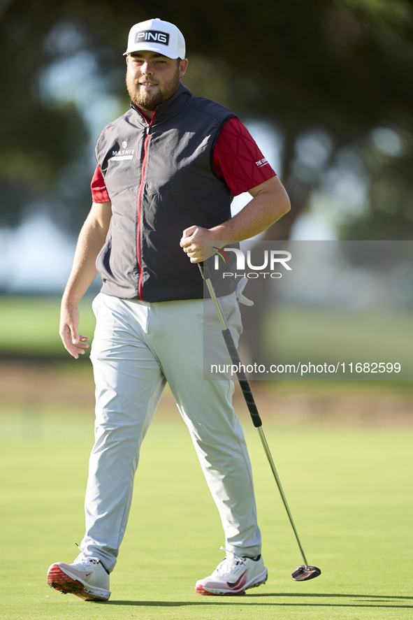 Dan Bradbury of England reacts on the 1st green on the third day of the Estrella Damm N.A. Andalucia Masters 2024 at Real Club de Golf Sotog...