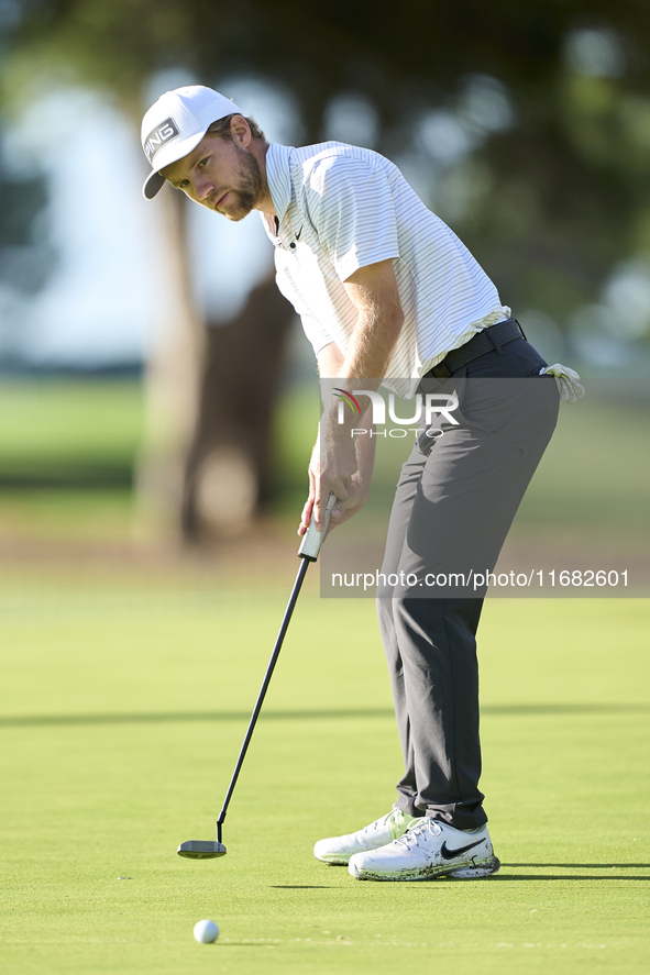 Rasmus Neergaard-Petersen of Denmark plays a shot on the 1st green on the third day of the Estrella Damm N.A. Andalucia Masters 2024 at Real...