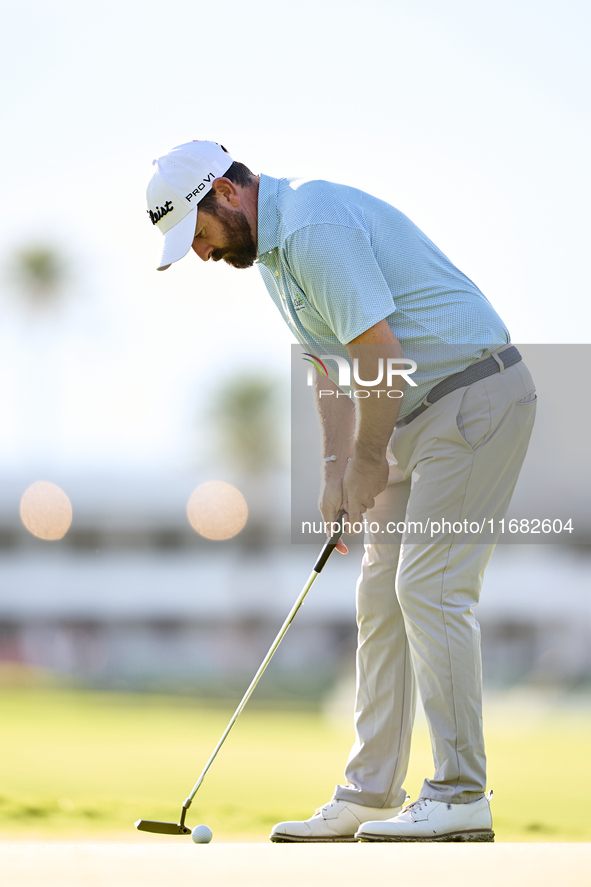 Thomas Aiken of South Africa plays a shot on the 1st green on the third day of the Estrella Damm N.A. Andalucia Masters 2024 at Real Club de...