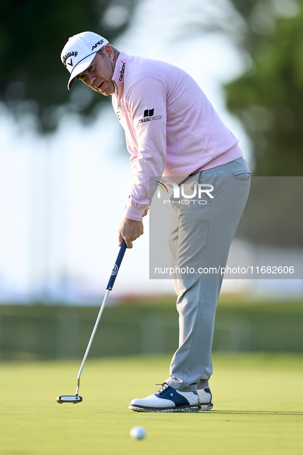 Richie Ramsay of Scotland plays a shot on the 1st green on the third day of the Estrella Damm N.A. Andalucia Masters 2024 at Real Club de Go...