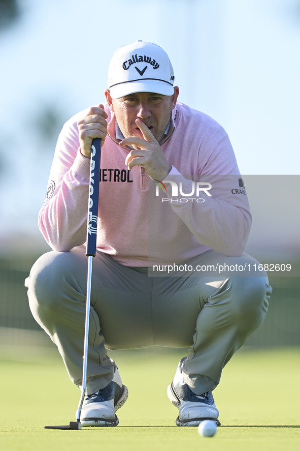 Richie Ramsay of Scotland studies his shot on the 1st green on the third day of the Estrella Damm N.A. Andalucia Masters 2024 at Real Club d...