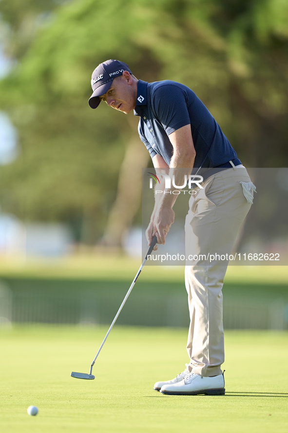 Grant Forrest of Scotland plays a shot on the 1st green on the third day of the Estrella Damm N.A. Andalucia Masters 2024 at Real Club de Go...