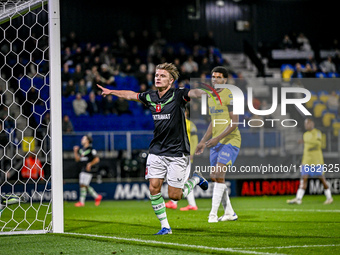 FC Twente midfielder Sem Steijn celebrates the 0-1 goal during the match between RKC and Twente at the Mandemakers Stadium in Waalwijk, Neth...