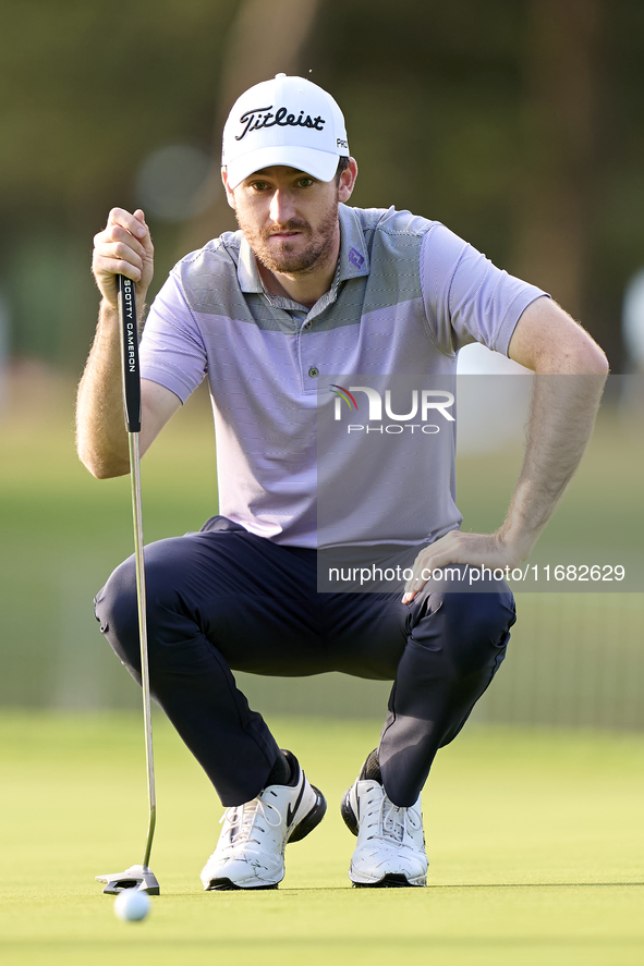 Andrew Wilson of England studies his shot on the 1st green on the third day of the Estrella Damm N.A. Andalucia Masters 2024 at Real Club de...