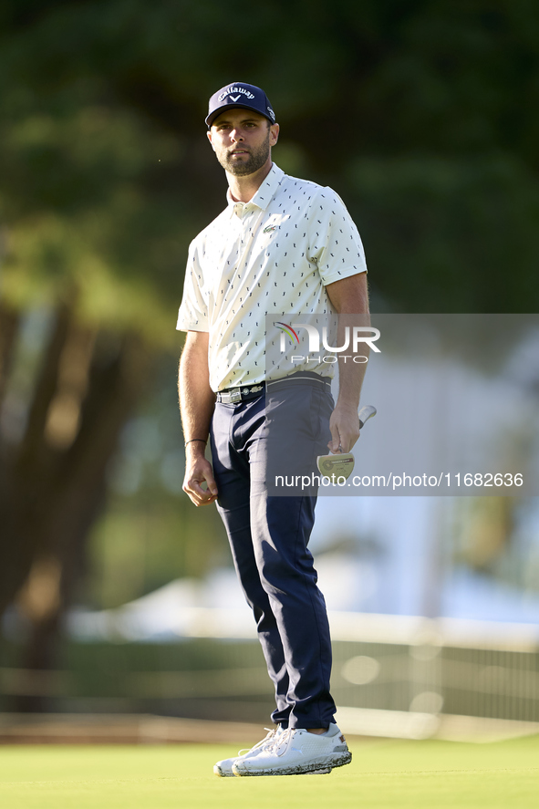 Adri Arnaus of Spain reacts on the 1st green on the third day of the Estrella Damm N.A. Andalucia Masters 2024 at Real Club de Golf Sotogran...