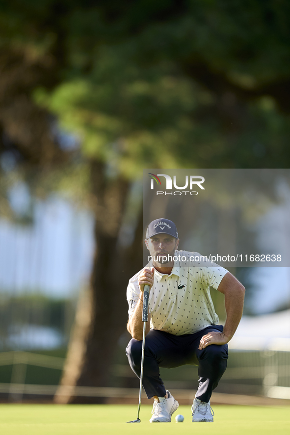 Adri Arnaus of Spain studies his shot on the 1st green on the third day of the Estrella Damm N.A. Andalucia Masters 2024 at Real Club de Gol...