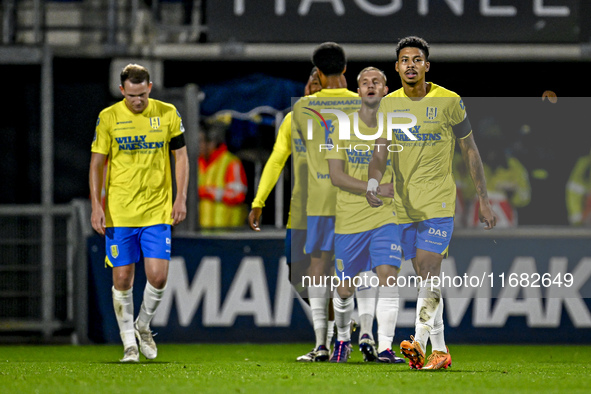 Players of RKC celebrate the goal of RKC forward Richonell Margaret, making the score 1-1, during the match between RKC and Twente at the Ma...