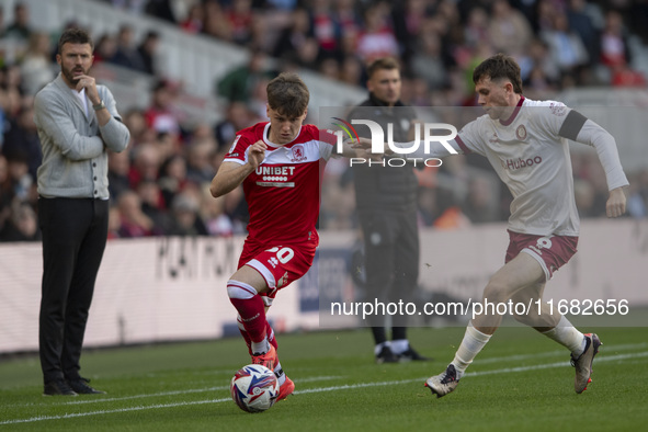 Ben Doak of Middlesbrough takes on Max Bird of Bristol City during the Sky Bet Championship match between Middlesbrough and Bristol City at...