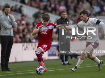 Ben Doak of Middlesbrough takes on Max Bird of Bristol City during the Sky Bet Championship match between Middlesbrough and Bristol City at...