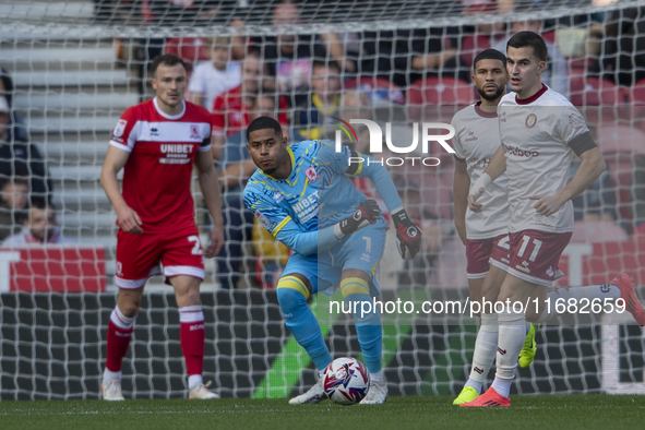 Middlesbrough goalkeeper Seny Dieng rolls the ball out quickly during the Sky Bet Championship match between Middlesbrough and Bristol City...