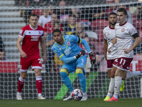 Middlesbrough goalkeeper Seny Dieng rolls the ball out quickly during the Sky Bet Championship match between Middlesbrough and Bristol City...