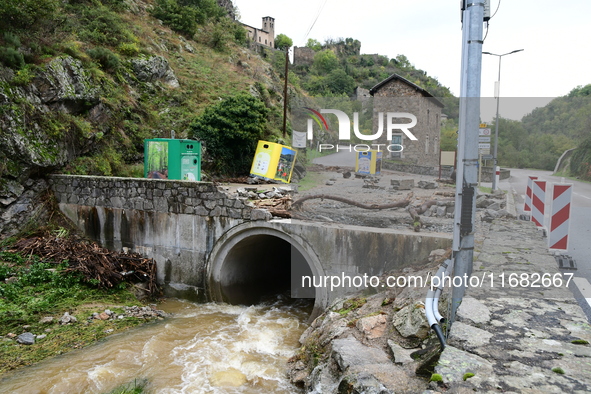 A collapsed road after flooding in the Rhone Valley in the village of Lupe, Loire department, on October 19, 2024. 