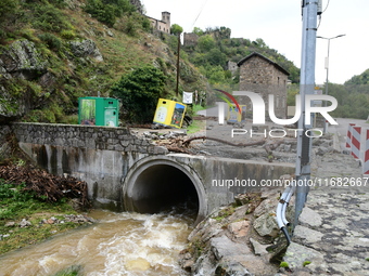 A collapsed road after flooding in the Rhone Valley in the village of Lupe, Loire department, on October 19, 2024. (