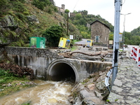 A collapsed road after flooding in the Rhone Valley in the village of Lupe, Loire department, on October 19, 2024. (