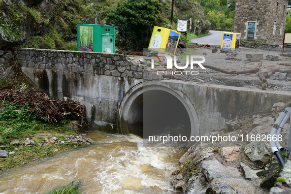 A collapsed road after flooding in the Rhone Valley in the village of Lupe, Loire department, on October 19, 2024. 