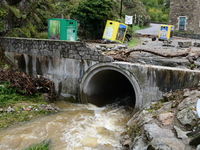 A collapsed road after flooding in the Rhone Valley in the village of Lupe, Loire department, on October 19, 2024. (