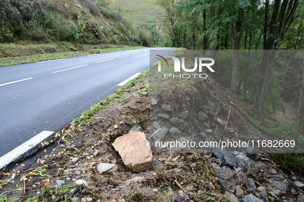 A collapsed road after flooding in the Rhone Valley in the village of Lupe, Loire department, on October 19, 2024. 