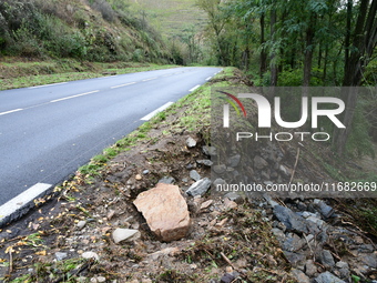 A collapsed road after flooding in the Rhone Valley in the village of Lupe, Loire department, on October 19, 2024. (