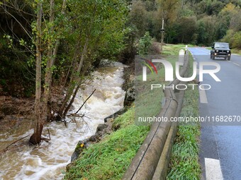 A collapsed road after flooding in the Rhone Valley in the village of Lupe, Loire department, on October 19, 2024. (