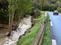 A collapsed road after flooding in the Rhone Valley in the village of Lupe, Loire department, on October 19, 2024. (