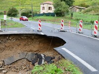 A collapsed road after flooding in the Rhone Valley in the village of Lupe, Loire department, on October 19, 2024. (