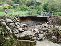 A collapsed road after flooding in the Rhone Valley in the village of Lupe, Loire department, on October 19, 2024. (