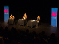 Matt Haig, the English author, Alice Hasters, a German journalist, and Annette Frier, a German actress, are seen on the stage of Schauspiel...