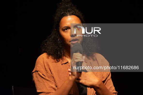 Alice Hasters, a German journalist, is on the stage of Schauspiel Koeln depot in Cologne, Germany, on October 19, 2024, during the Cologne l...