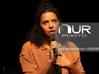 Alice Hasters, a German journalist, is on the stage of Schauspiel Koeln depot in Cologne, Germany, on October 19, 2024, during the Cologne l...