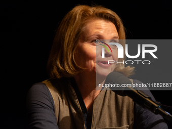 Annette Frier, a German actress, is seen on the stage of Schauspiel Koeln depot in Cologne, Germany, on October 19, 2024, during the Cologne...