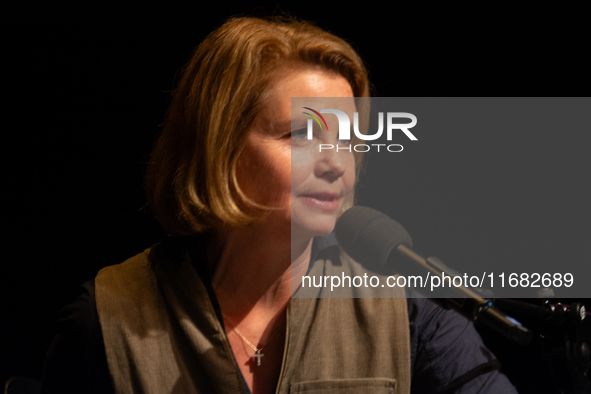 Annette Frier, a German actress, is seen on the stage of Schauspiel Koeln depot in Cologne, Germany, on October 19, 2024, during the Cologne...