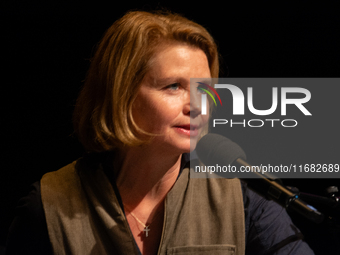 Annette Frier, a German actress, is seen on the stage of Schauspiel Koeln depot in Cologne, Germany, on October 19, 2024, during the Cologne...